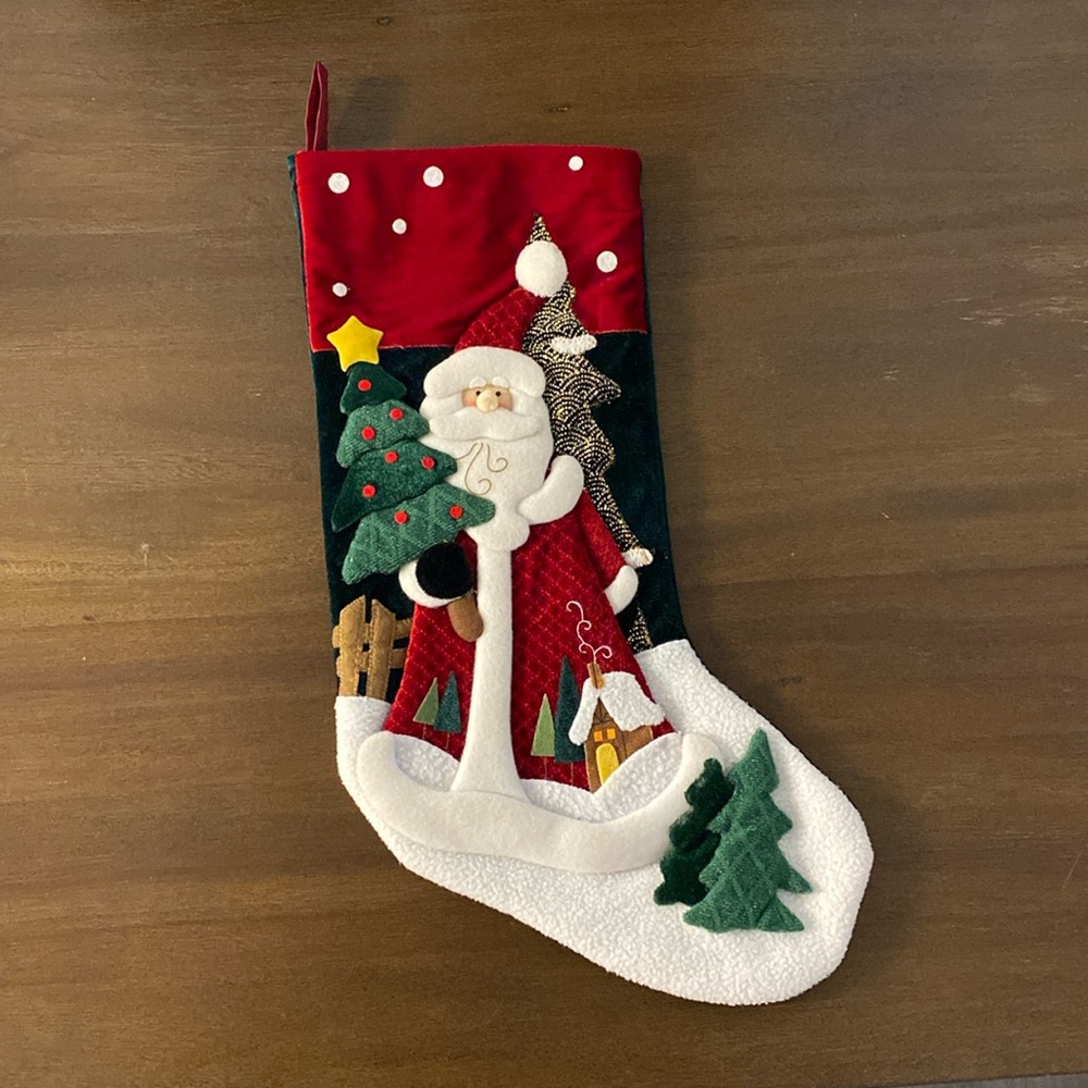 Santa Claus Christmas Tree Cabin Winter Snowballls Felt Velour Layered Stocking